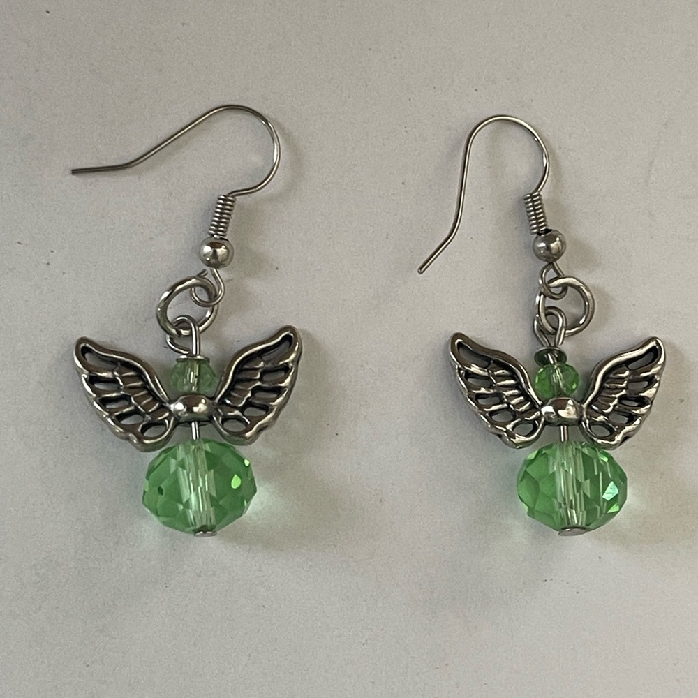 Silver and Green Winged Earrings